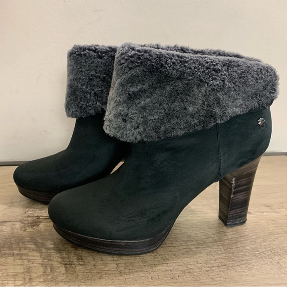 UGG Black Ankle Boots with Gray Fur Trim - Picture 1 of 8